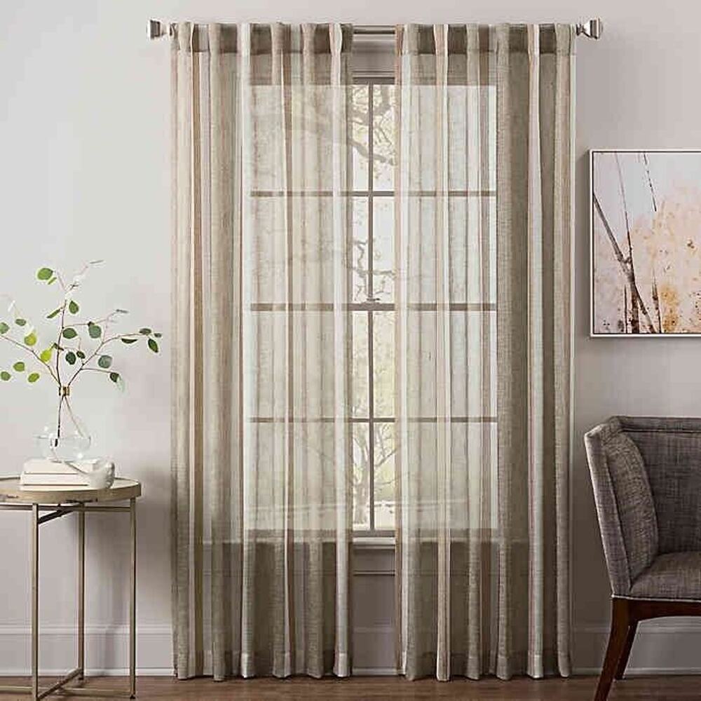 Garrett Sheer 95" Curtain Panel Back Tab Rod Pocket Tan Neutral Striped 1 Panel